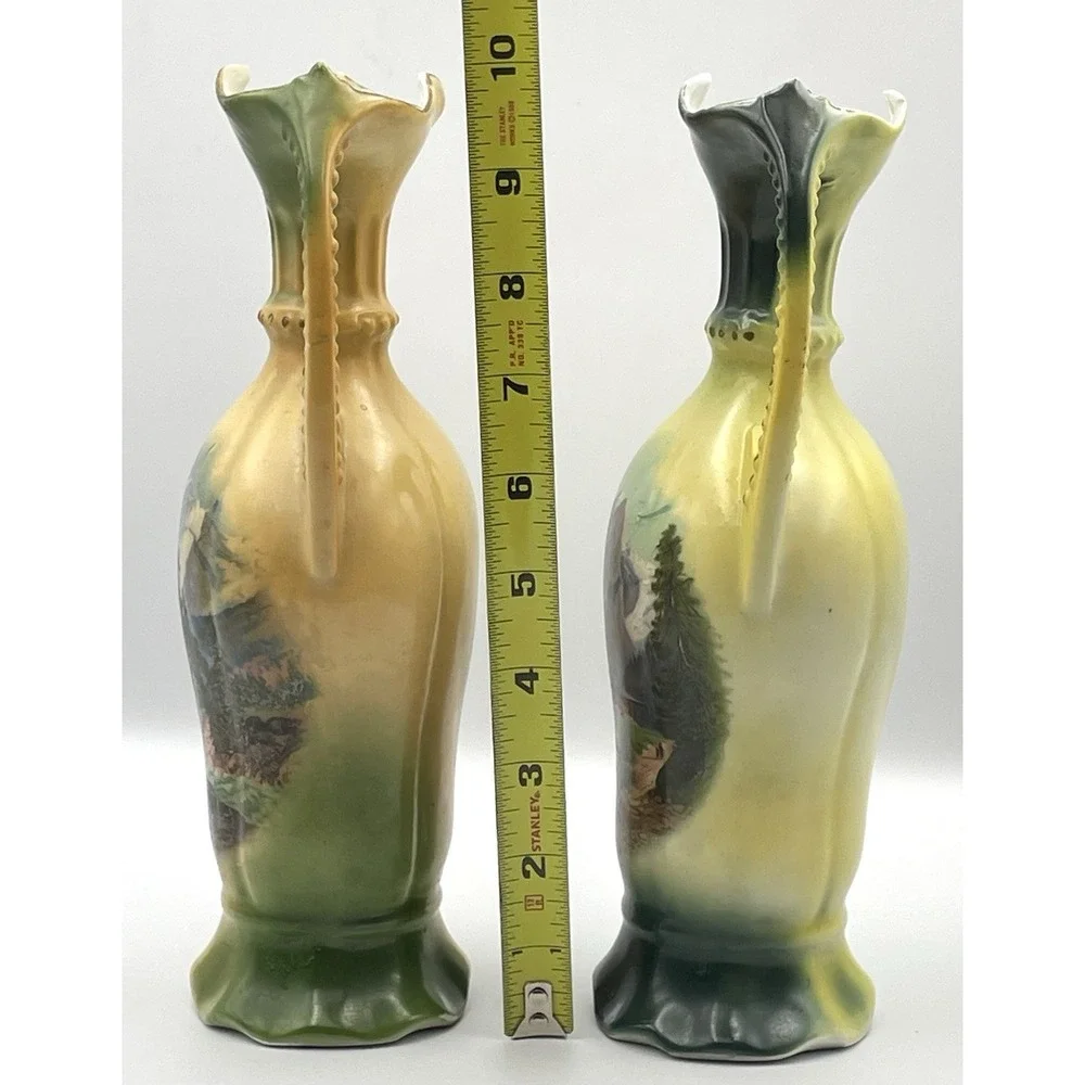 Antique Pair German Porcelain Scenic Mountain Landscape Double Handle Vases 10